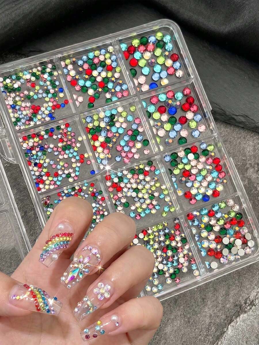 Strass de Cristal para Arte de Unhas, 12 Estilos Feitos à Mão, Gemas de Strass Coloridas de Base Plana, Adequadas para Unhas, Rosto e Olhos - Multicolorido - Ver 1