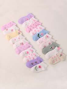 20 Pairs Girls Pink Floral Short Socks, Sweet Casual Style, Suitable For Daily School Wear, Super Great Socks, Girls Back To School, Clean Girl Aesthetic - Multicolor - View 7