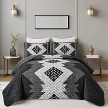 Grey Boho Reversible Bedspread Set Queen Size (90"X96").3 Pieces Geometric Print Coverlet With 2 Pillowcases, Soft & Lightweight Textured Microfiber Bedding For All Seasons Perfect Father's Day Gift & Wedding Home Decor - 灰色 - 查看 1