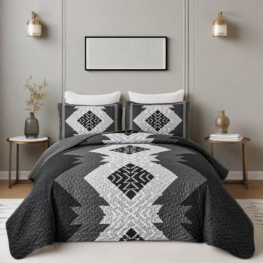 Grey Boho Reversible Bedspread Set Queen Size (90"X96").3 Pieces Geometric Print Coverlet With 2 Pillowcases, Soft & Lightweight Textured Microfiber Bedding For All Seasons Perfect Father's Day Gift & Wedding Home Decor - 灰色 - 查看 1