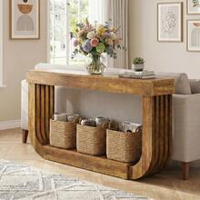 LITTLE TREE 70.9-Inch Console Table For Entryway, Extra Long Narrow Sofa Table, 2-Tier Brown Wooden Console Sofa Table With Heavy Duty U-Shaped Pedestal, Large Hallway Foyer Table For Living Room - Brown - View 10