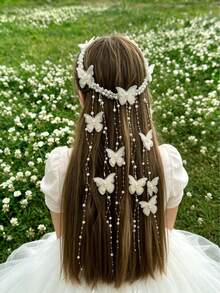 1pc Exquisite Faux Pearl Beaded Tassel Hair Chain Headpiece, Handmade, Suitable For Bride Wedding Party Festival Spring Photography - Multicolor - View 2