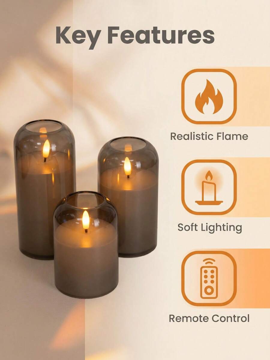 Flameless Candles, Battery Operated LED Flickering Flameless Candles, 3pcs/Set, Curved Gray, Timer And Remote Control, For Wedding, Home Party Decoration - Grey - View 1