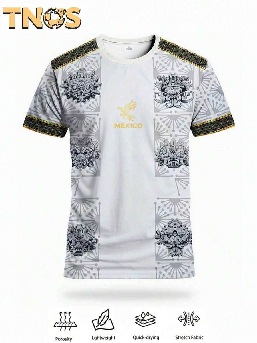 Men's Mexico 2026 T-Shirt, Crew Neck, Mayan And Deity Print. Ideal For The Gold Cup, Training, Fitness, Or Everyday Wear. Great Gift. - 白色 - 查看 1