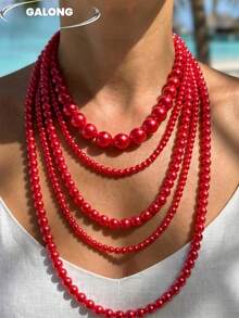 Collar de perlas de varias capas hecho a mano, exquisito y versátil para banquetes - Rojo - Ver 6