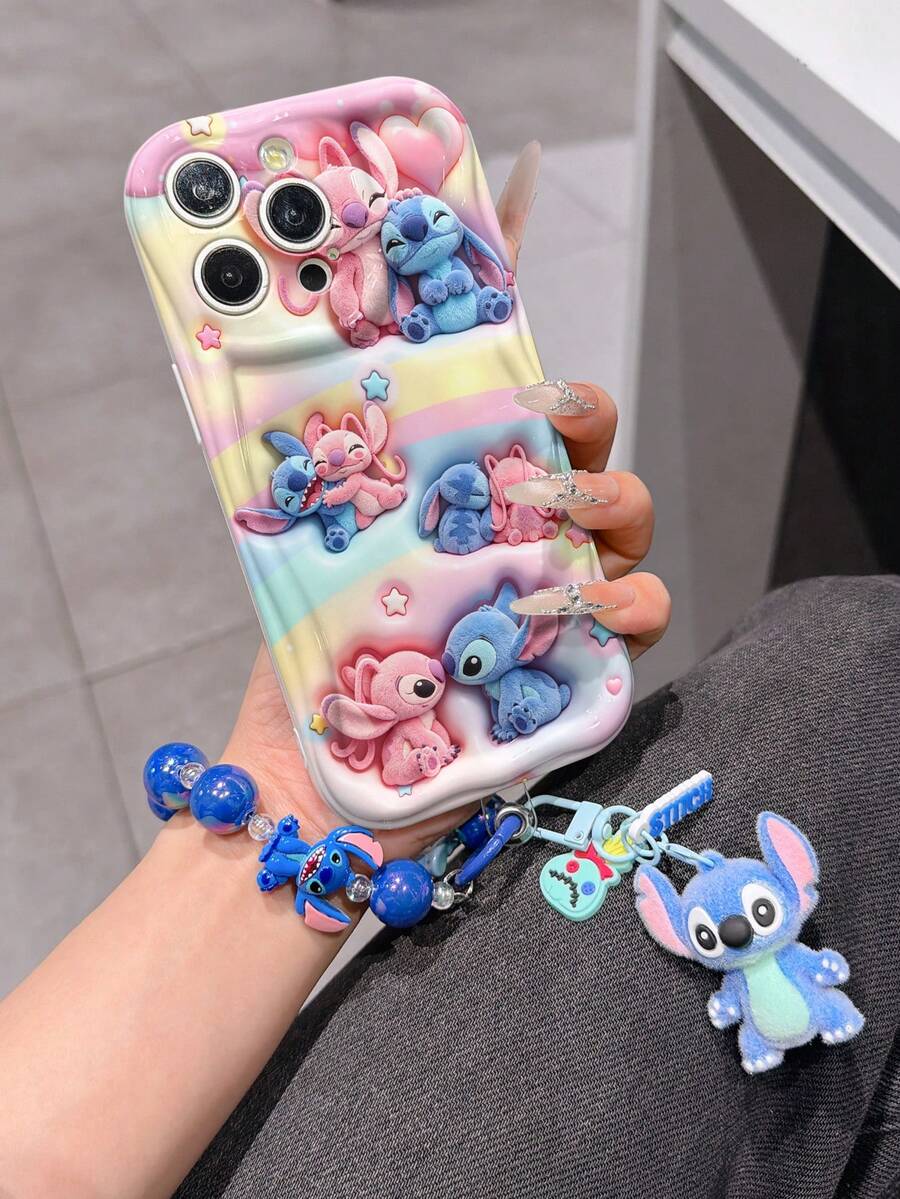 Disney Has Authorized, Phone Case - Chain Set, The Stitch Lilo & Stitch 3D Phone Case Plus A Silicone 3D Stitch Bracelet With Metallic Ring Removable Bracelet, Stitch And Angel Pattern, Compatible With Iphone17/16/15/14/13/12/20/XS/XR/X Plus Pro Max, A Stylish Cartoon Phone Case, The Perfect Gift Choice, Phone Protection, Durable Phone Cover, Great Gift For Friends And Family. - 白色 - 查看 1
