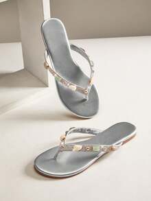 SHUZIABohoGem Sandalias de mujer con puntera cuadrada, plantilla acolchada,últiples piedras de ágata falsa, PU fino, tira entre los dedos - Casual, ligera y lista para el verano - Plateado 2 - Ver 1