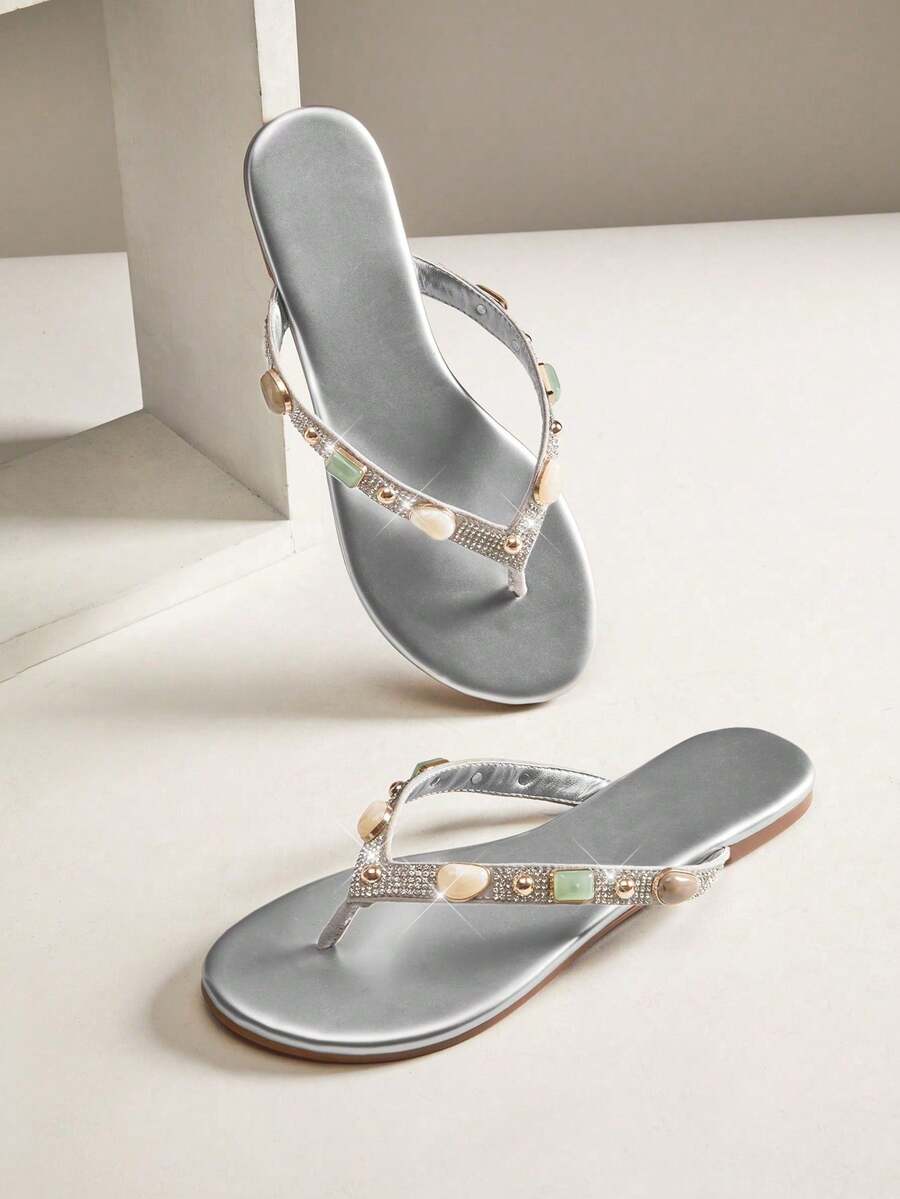 SHUZIABohoGem Sandalias de mujer con puntera cuadrada, plantilla acolchada,últiples piedras de ágata falsa, PU fino, tira entre los dedos - Casual, ligera y lista para el verano - Plateado 2 - Ver 1
