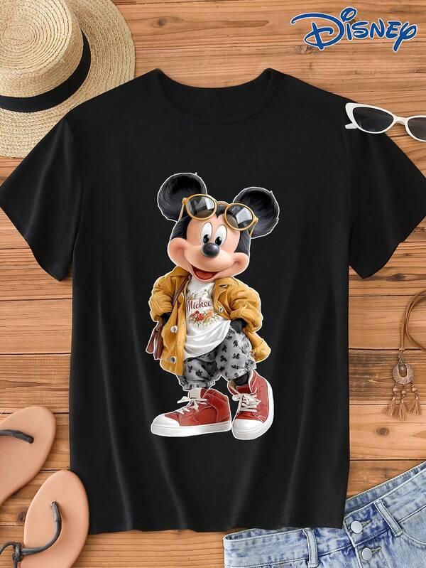 Disney 1 chiếc áo thun nam tay ngắn, dáng rộng, in hình Mickey Mouse, cổ tròn co giãn nhẹ, phù hợp mặc hàng ngày, áo thun nam tay ngắn, áo thun tay ngắn thời trang, áo thun nam thường ngày.
