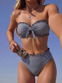 Women's Striped Print Flat Chest Bikini Two Pieces Set, Suitable For Summer Island Vacation Outfits Beach - Multicolor - View 1