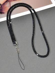 Black Shiny Luxury Rhinestone Phone Anti-Loss Halter For Women, Fashionable High-End Full Rhinestone Phone Case Lanyard - Black Halter Rope - View 7