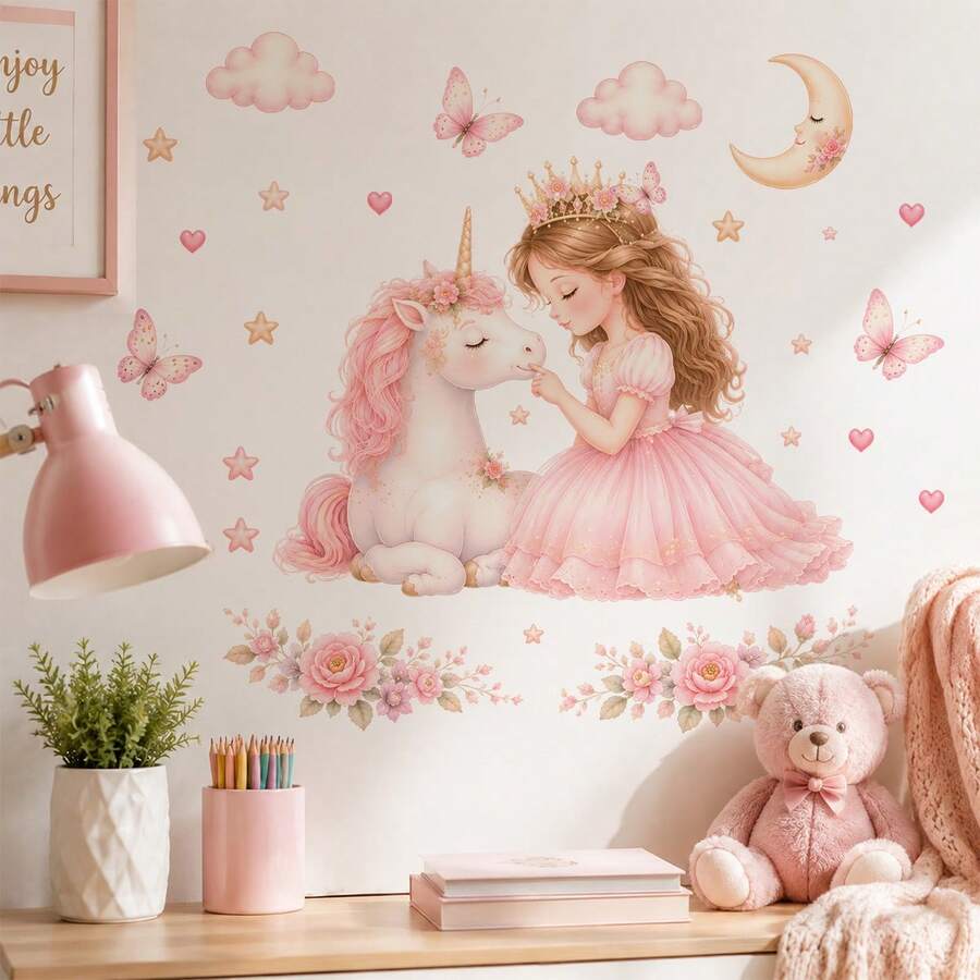 Calcomanía de pared de niña unicornio, pegatina de pared de vinilo removible con luna, arcoíris, estrellas, mariposas, flores, decoración de pared para dormitorio de niñas, habitación de niños, baby shower - Vinilo decorativo de pared para niña con vestido rosa - Ver 1