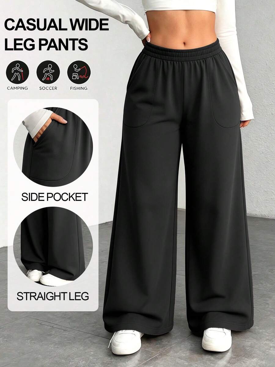 New Women's Plus Size Sports Long Pants With Side Pockets, Solid Color Loose Comfortable Casual Straight Leg Pants, Elastic High Waist Draped Wide Leg Pants, Suitable For Daily Wear, Workout, Home And Multiple Occasions - Black - View 1