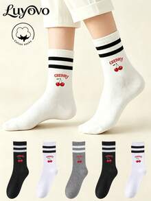 5 Pairs Women's Crew Socks, Cotton Socks, Mid-Calf Socks, Women's Socks, Cute Socks, Girls' Socks, Autumn Winter Spring Summer Socks, Breathable And Comfortable, Moisture-Wicking, Soft And Smooth, Suitable For Various Holidays, Sports, Casual, Business And Other Daily Wear, Can Be Worn All Seasons, Random Color Combination. - Multicolor - View 1