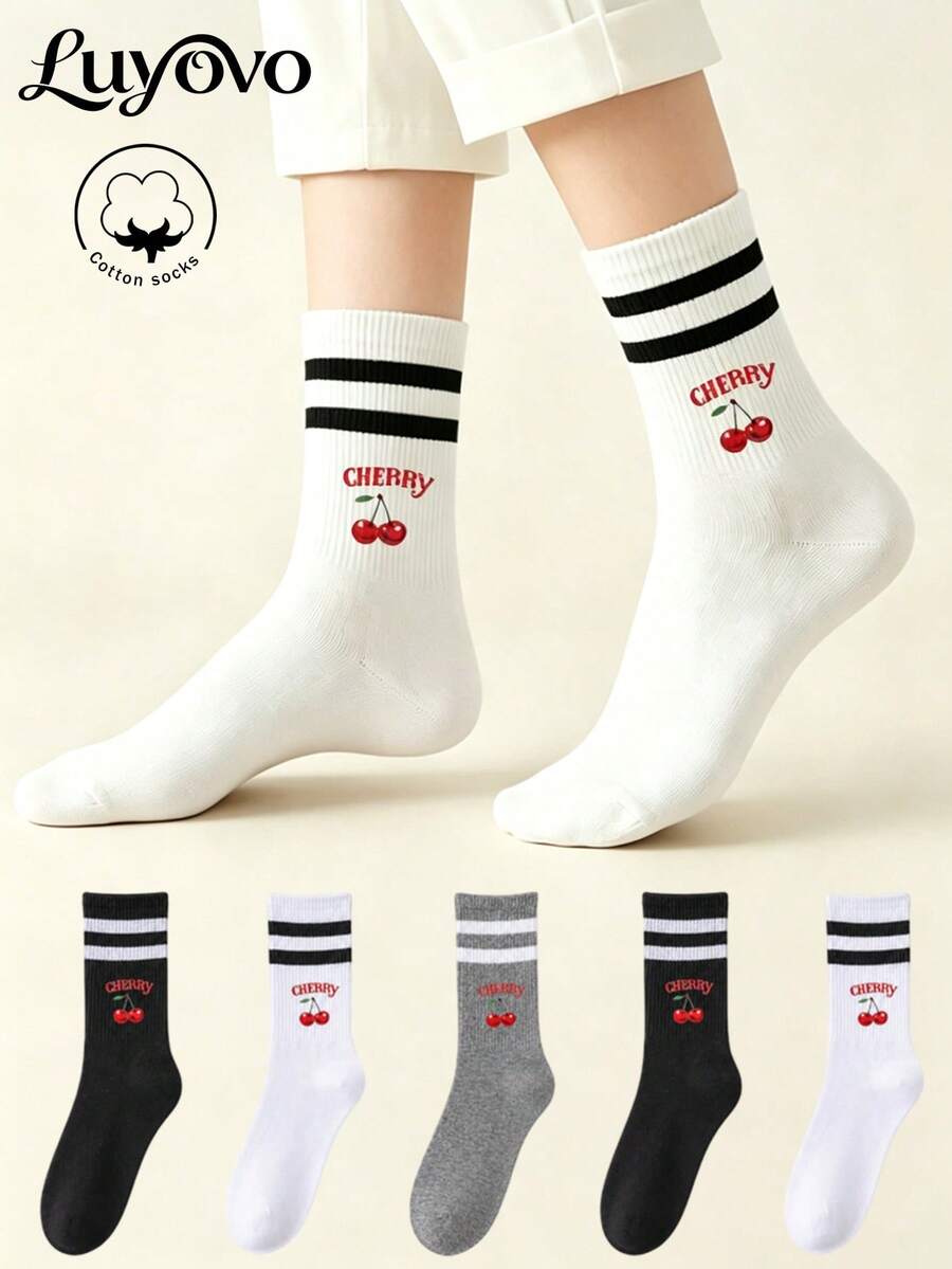 5 Pairs Women's Crew Socks, Cotton Socks, Mid-Calf Socks, Women's Socks, Cute Socks, Girls' Socks, Autumn Winter Spring Summer Socks, Breathable And Comfortable, Moisture-Wicking, Soft And Smooth, Suitable For Various Holidays, Sports, Casual, Business And Other Daily Wear, Can Be Worn All Seasons, Random Color Combination. - Multicolor - View 1