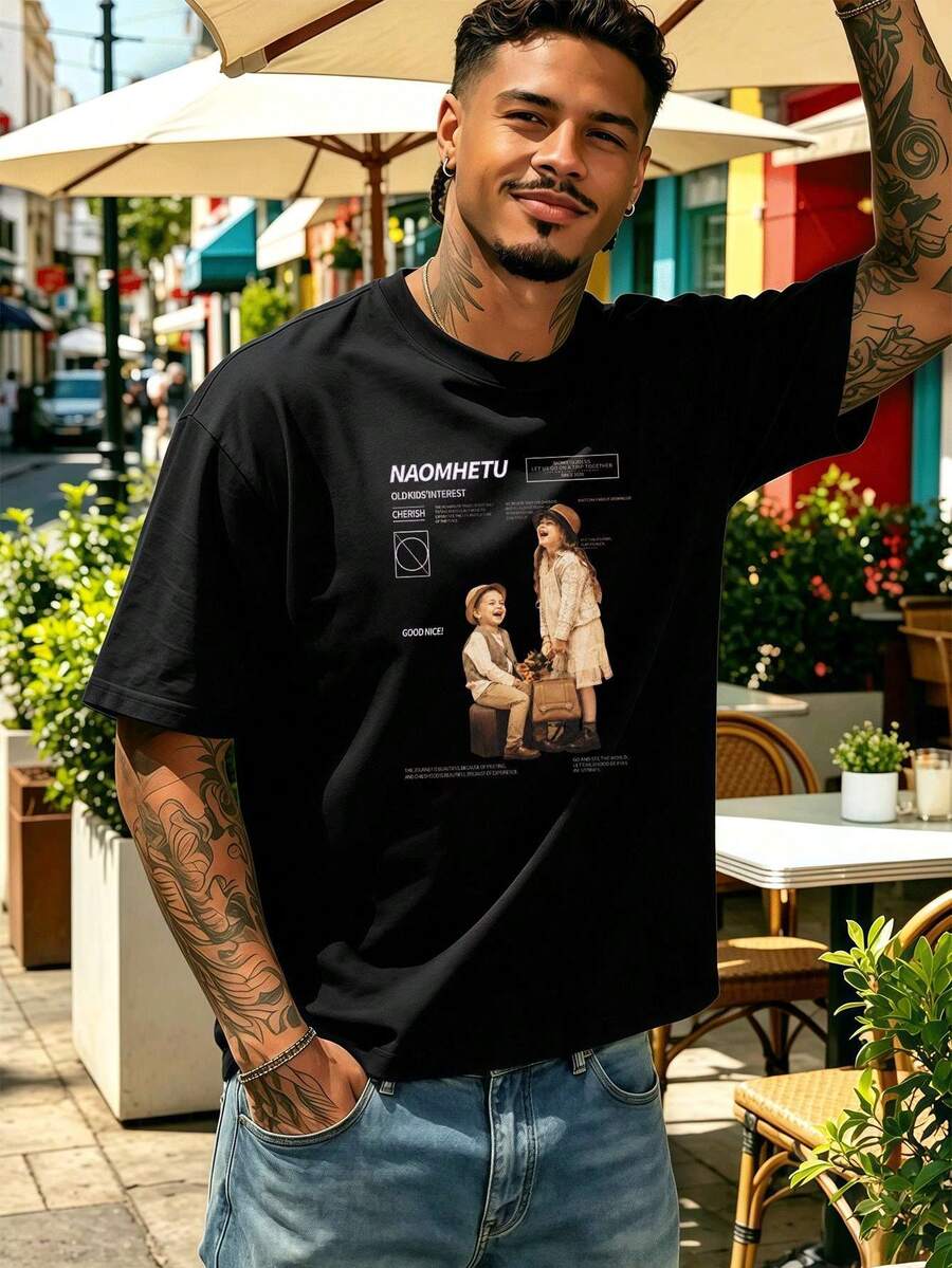 Streetstyle-T-Shirt For Herren With Grafikprint Aus Cheicher Baumwolle, Bequeme Passform, Street-Hip-Hop-Stil, Einzigartiger Grafikprint - Black - View 1