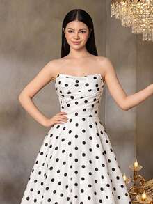 ALISA&LEO Fashionable Strapless Polka Dot Ball Gown Suitable For Teenagers, With Lace-Up Back Design, A-Line Length Floor-Length Formal Evening Dress, Suitable For Prom, Ceremony, Dinner Party, Celebration - White - View 3