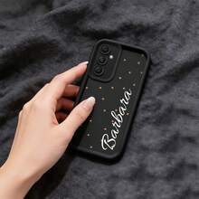 Exquisite Gold Scattered Mini Polka Dot Customizable Handwritten Name Phone Case, Personalized Elegant Cursive Text Women's Daily Fashion Gift Anti-Drop Matte Phone Case, Suitable For IPhone Series And Galaxy - Black - View 1