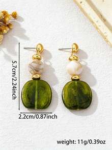 1 Pair Vintage Unique Exaggerated Asymmetric Resin Drop Earrings, Women's Jewelry Accessories For Daily Commute, Vacations, Dates, Banquets And Parties - Gold + Green - View 5