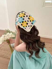1pc Pastoral Style Colorful Floral Crochet Headscarf, Women's 2026 New Tie-Up Triangle Headscarf, Cute Head Accessory, High Aesthetic Value - Multicolor - View 1