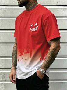 Men's Plus Size Summer Gothic Style Colorblock Short Sleeve Crew Neck T-Shirt - Red - View 2