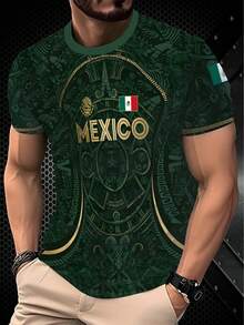 Camiseta de manga corta con estampado de tótem vintage y bandera nacional, camiseta holgada y casual para hombre, de verano - Negro - Ver 1