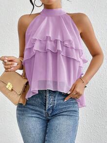 Blusa de gasa con volantes asimétricos y cuello suelto - Morado - Ver 2
