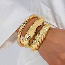 1 Set Open CCB Vacuum Plated Bracelet Set, Non-Fading Asymmetrical Textured Design, Niche Versatile, Stackable Delicate Women's Jewelry, Punk Elegant Elegant Classic Gift For Women - Open Bracelet Set - View 2