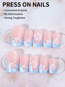 24片淺藍色正方形扶桑花圖案短甲貼，含1瓶凝膠指甲油與1個指甲锉，易貼貼，適合夏季日常工作、派對及其他場合美甲 - 淺藍色 - 查看 2