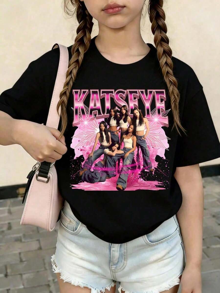 KATSEYE Printed Summer T-Shirts, Vintage Y2K Hip Hop Style, Short Sleeve T-Shirt, Summer Clothes For Girls, Toddler Girls' Clothes, Teen Clothes, Kids' Clothes - 黑色 - 查看 1
