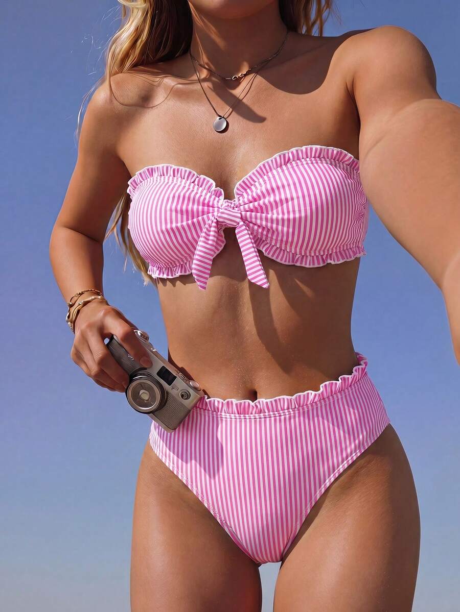 Women's Striped Print Flat Chest Bikini 2 Pieces Set, Suitable For Summer Island Vacation Outfits Beach - Multicolor - View 1