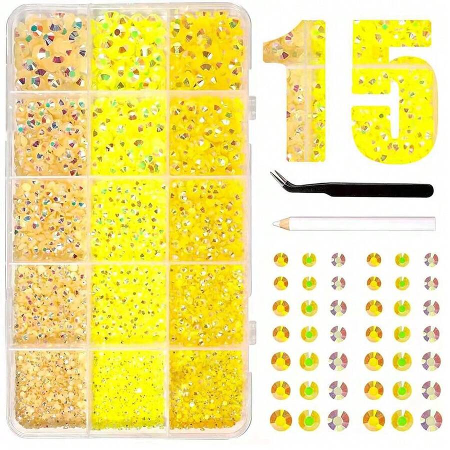 15-Grid Flat Bottom Resin Rhinestones 3mm/4mm/5mm Mixed Colors, Includes Pickup Pen And Tweezers, Suitable For Nail Art DIY Rhinestone Craft Nail Charms - Yellow - View 1