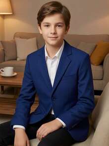 10-16 Years Old Boys Suit Jacket With Button Jacket Set, Lapel Formal Suit, Dark Blue - Royal Blue - View 1