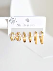6pcs/Set Fashionable Stainless Steel Geometric Hoop Earrings Set, Versatile Daily Wear For Women - Multicolor C - View 8