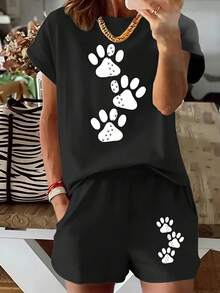 Women Crew Neck Short Sleeve T-Shirt, Pet Dog Paw Print Casual Loose Top - T恤 - 查看 1