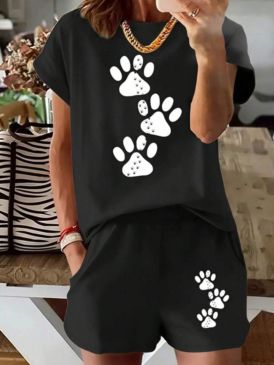 Women Crew Neck Short Sleeve T-Shirt, Pet Dog Paw Print Casual Loose Top - T恤 - 查看 1