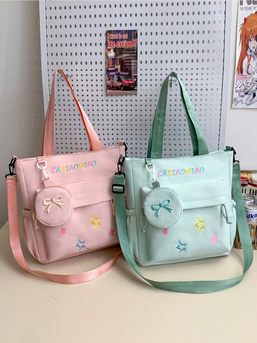 2026 New Large Capacity Nylon Tutoring Bag, Middle School And High School Student Class Bag, Tutoring Bag, Book Tote Handbag, Unisex Shoulder Crossbody Bag, Teen Student Backpack, Letter And Star Pattern, Fashion Backpack - A - View 1