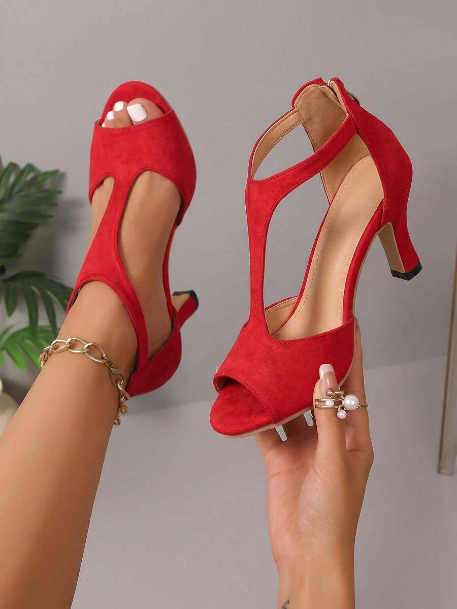 2026 Hot Women's T-Strap High Heel Sandals, Open-Toe Solid Color, Non-Slip Sole For Wedding Party & Daily Matching - 紅色升級版 - 查看 1