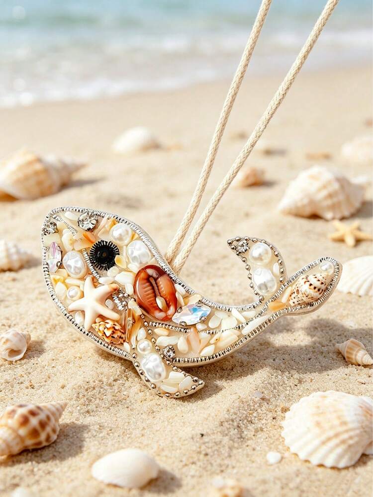 1pc Bohemian Handmade Silk Shell Rhinestone Ocean Starfish, Turtle, Whale, Conch Shell Rhinestone Broken Shell Bag Charm, Suitable For Vacation Style Straw Bag, Tote Bag Decoration - Beige - View 1