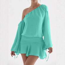 2026 Summer Spring New Fashion Sheer Off Shoulder Long Sleeve Ruffled Hem Dress High Street Style Elegant Dress - Green - View 3