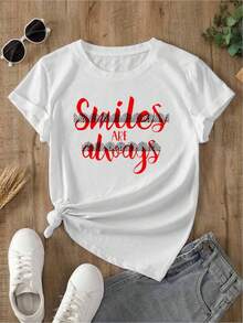 YOCASA Women's Summer T-Shirt With Round Neck And Short Sleeves, Oil Painting Print With Floral Heart And Letter Design, Casual, Simple And Sporty Style For Everyday Wear - YH260-白色 - 查看 2