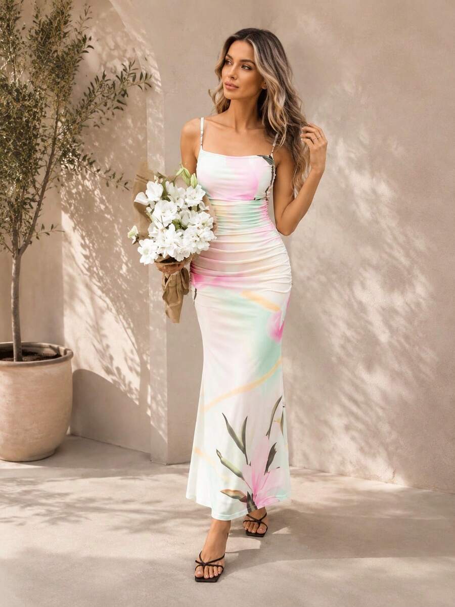 Yunuo Menswear Vestido de slip maxi elegante con ajuste ceñido, dobladillo de cola de pez y pliegues en unicolor para mujer - Multicolor - Ver 1