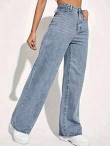 Celana Jeans Lurus Warna Biru Muda Kasual Modis untuk Remaja Perempuan - Light Wash - View 5