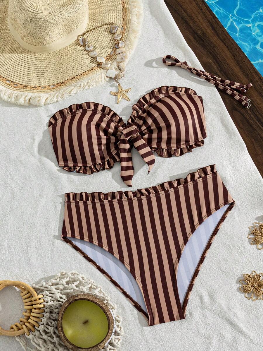 Women's Spring/Summer New Stripe Printed Small Lace Strapless Bikini 2 Pieces Set With Removable Shoulder Straps Vacation Beach - Multicolor - View 1