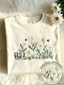 Y2K Style, Fashion Style, Newest 2026, Cute Style, Casual Style, Women's Blouses > Clothing. Sunflower Embroidery Design, Vibrant Floral Print Spring And Summer Set For Women, Casual Round Neck Short Sleeve T-Shirt For Women 180g (S-XXXL) - 淺杏色 - 查看 1