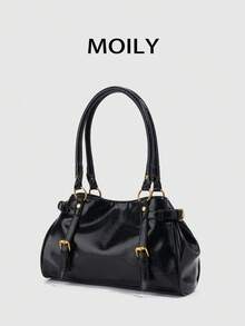 1pc Y2K Punk Style Buckle Design Shoulder Bag Pillow Bag, PU Material, Magnetic Closure, Suitable For Daily Commute, Shopping, Fashion Party Essential Item - Black - View 1