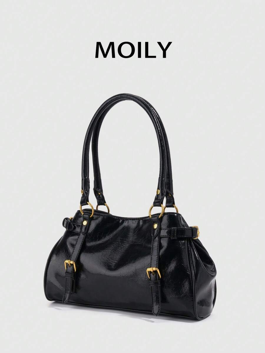 1pc Y2K Punk Style Buckle Design Shoulder Bag Pillow Bag, PU Material, Magnetic Closure, Suitable For Daily Commute, Shopping, Fashion Party Essential Item - Black - View 1