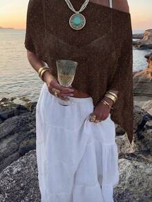 Women's Summer Side Top With Asymmetrical Hem, Lightweight And Breathable Shiny Fabric, Loose Fit Suitable For Various Figures, Casual Beach Top, Bohemian Style Summer Outfit CJ77 - 紅咖啡 - 查看 1