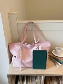 1件女款純色PU肩背托特包，大容量復古扇形手提包，適合辦公、通勤、購物、度假與旅行 - 粉色 - 查看 4