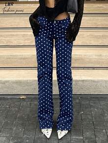 女款波點鈕扣拉鍊優雅可愛牛仔褲，居家休閒秋季穿搭 - 藏蓝色 - 查看 2